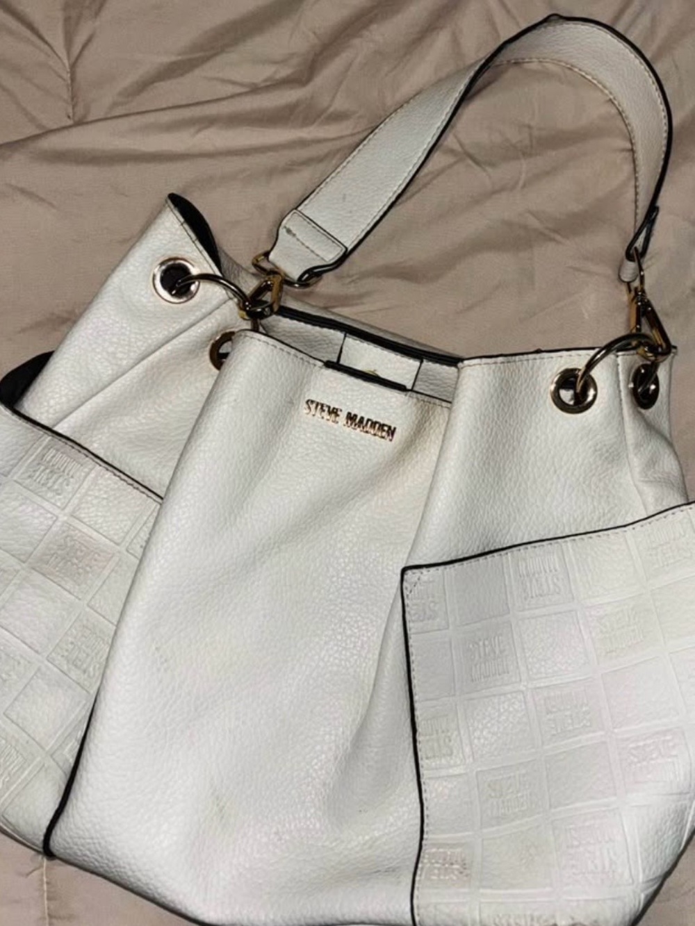 Steve Madden White Pebbled Leather Shoulder Tote with Gold Hardware